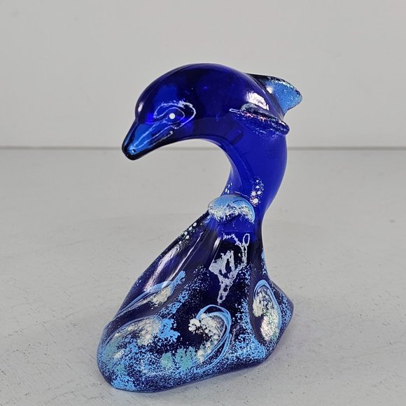 Fenton Art Glass Figurine Cobalt Blue Dolphin On Wave 4" Signed Hand Painted - Picture 4 of 10